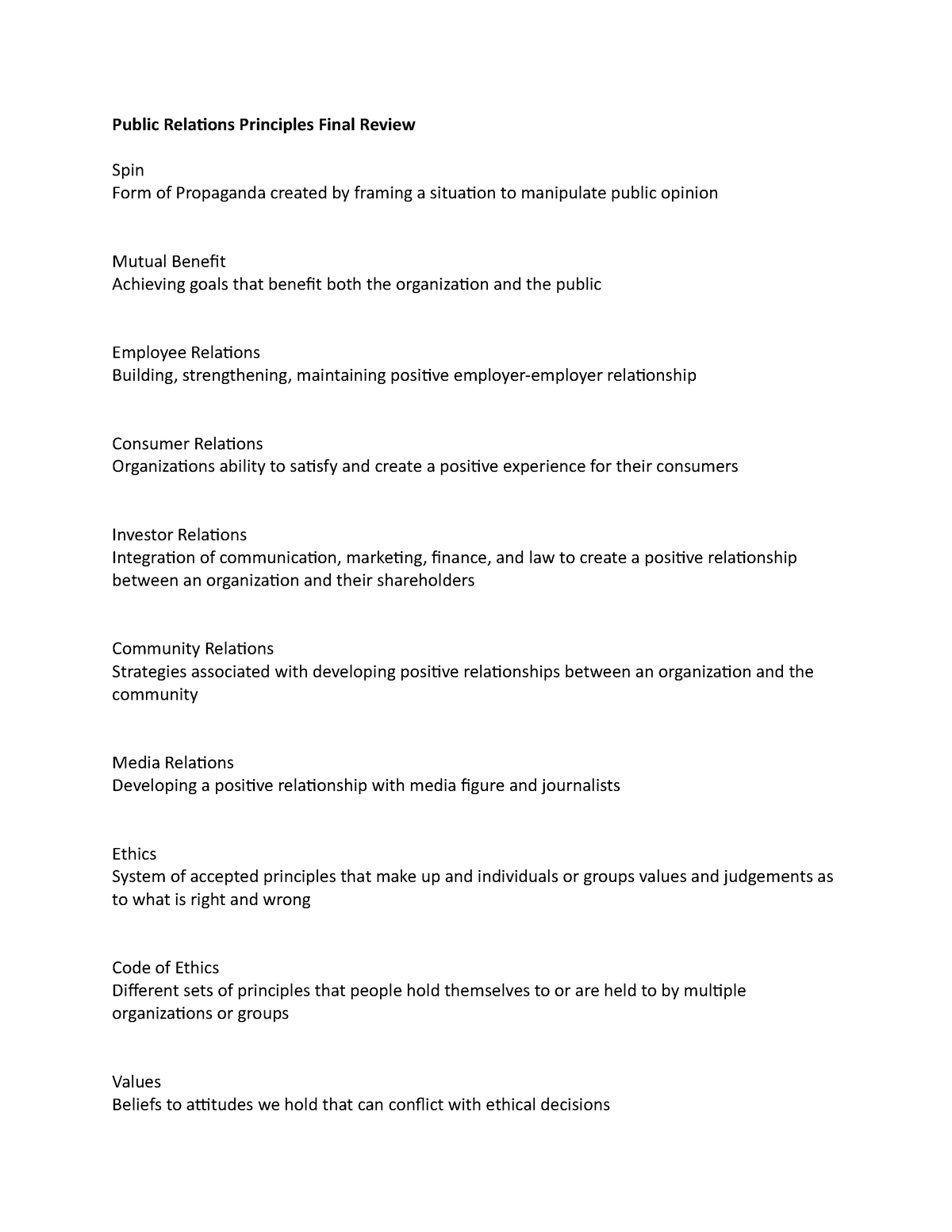 Public Relations Principles Final Review - Public Relations Principles ...