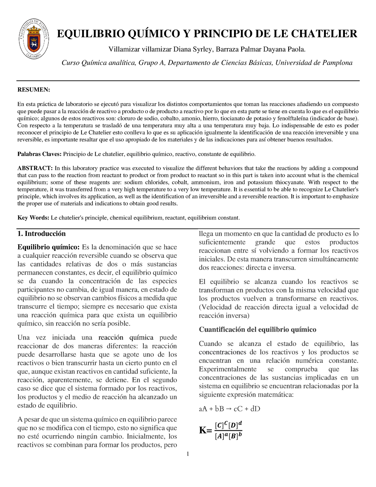 Informe, Equilibrio Quimico - EQUILIBRIO QUÍMICO Y PRINCIPIO DE LE ...