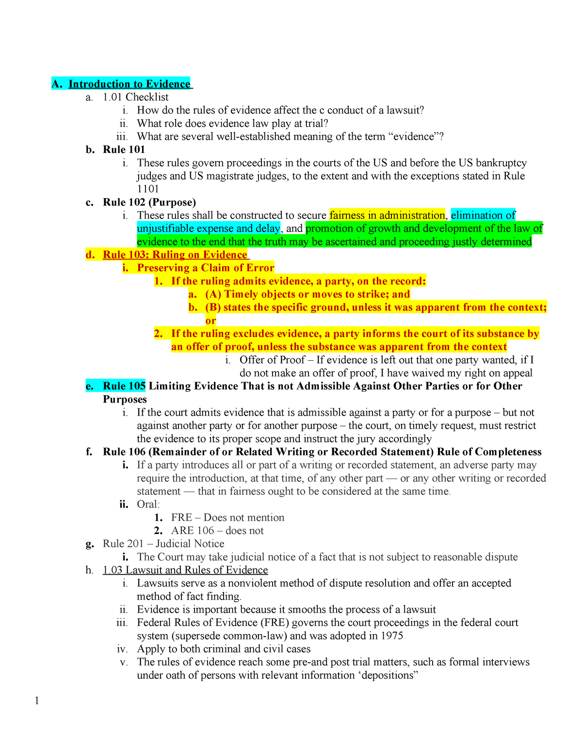 Evidence Outline - A. Introduction To Evidence A. 1 Checklist I. How Do ...