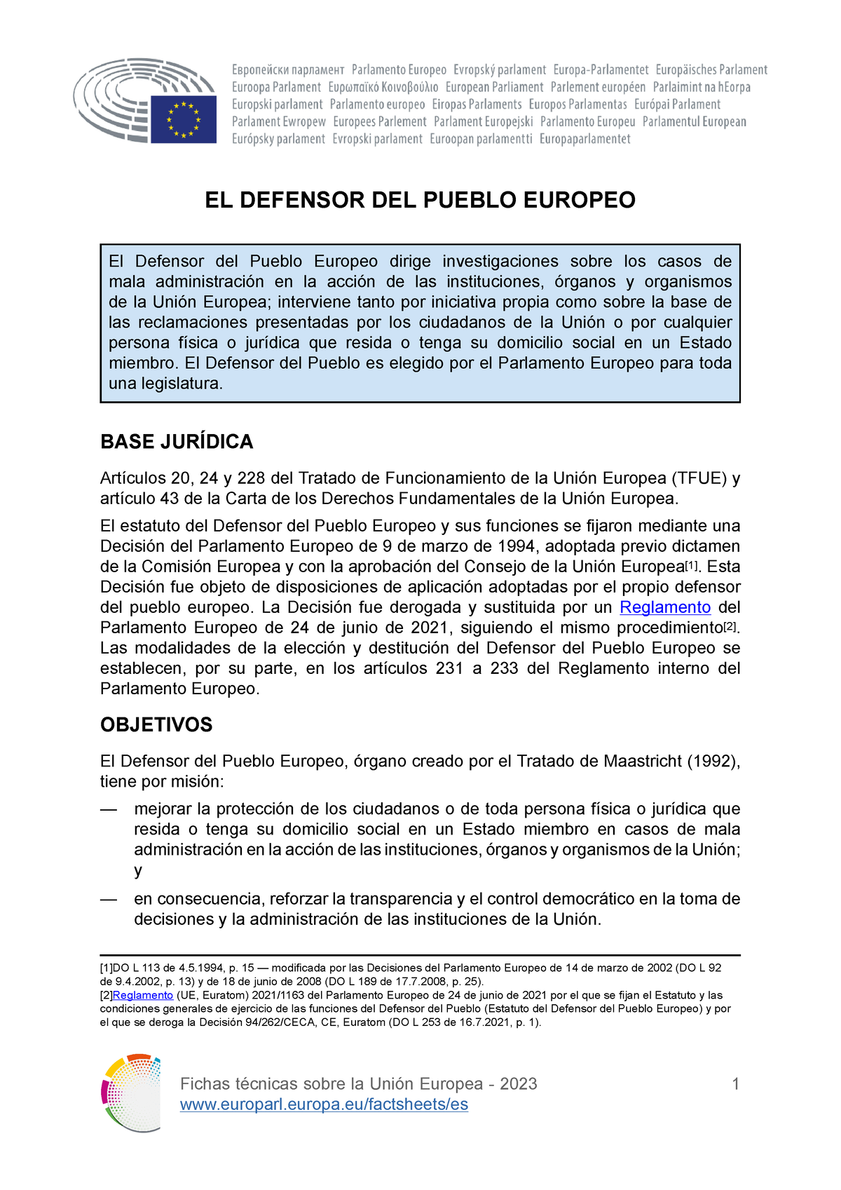 FTU 1 - Fichas Técnicas Sobre La Unión Europea - 2023 1 EL DEFENSOR DEL ...