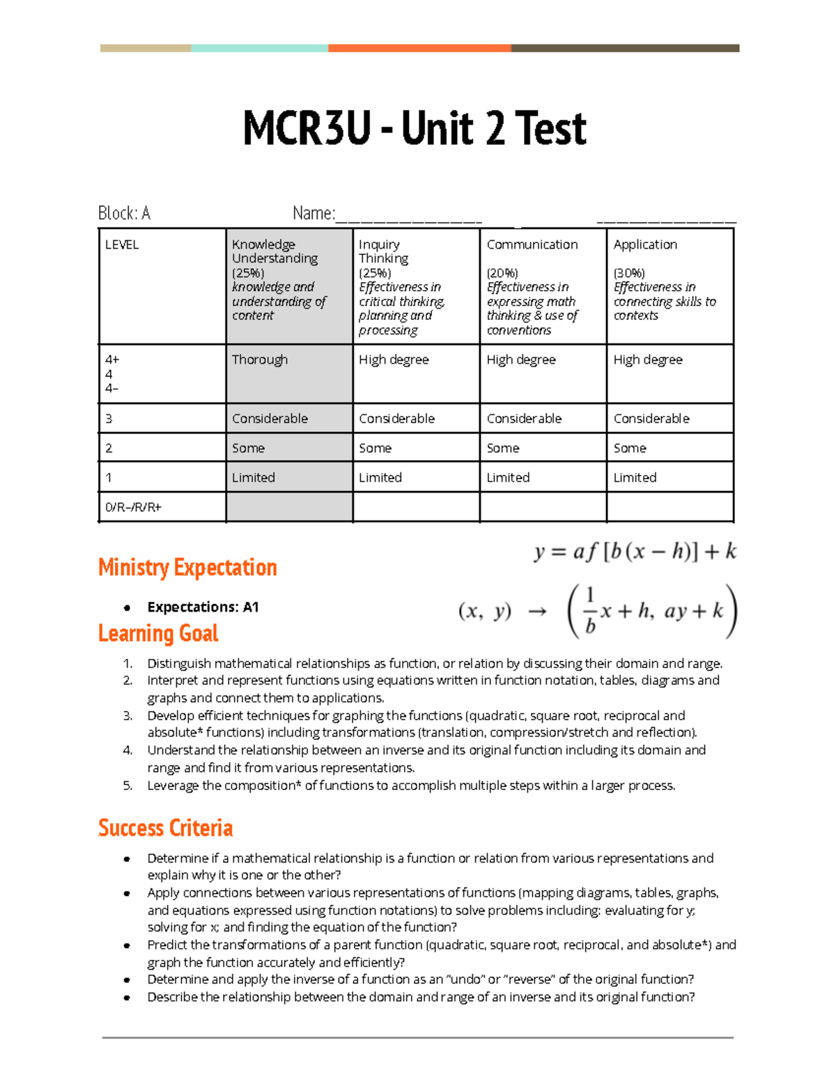 MCR3U Unit 2 Test A Solutions - MCR3U - Unit 2 Test Block: A - Studocu