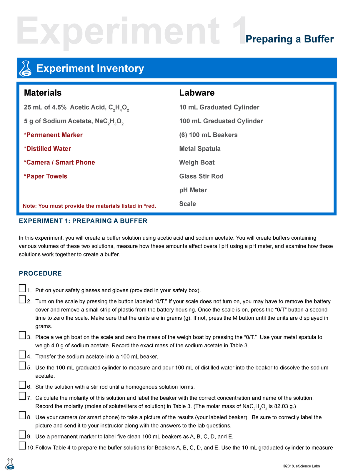 GC 4253 L18 Exp01 Buffer Preparation Experiment 1Preparing a Buffer Experiment Inventory