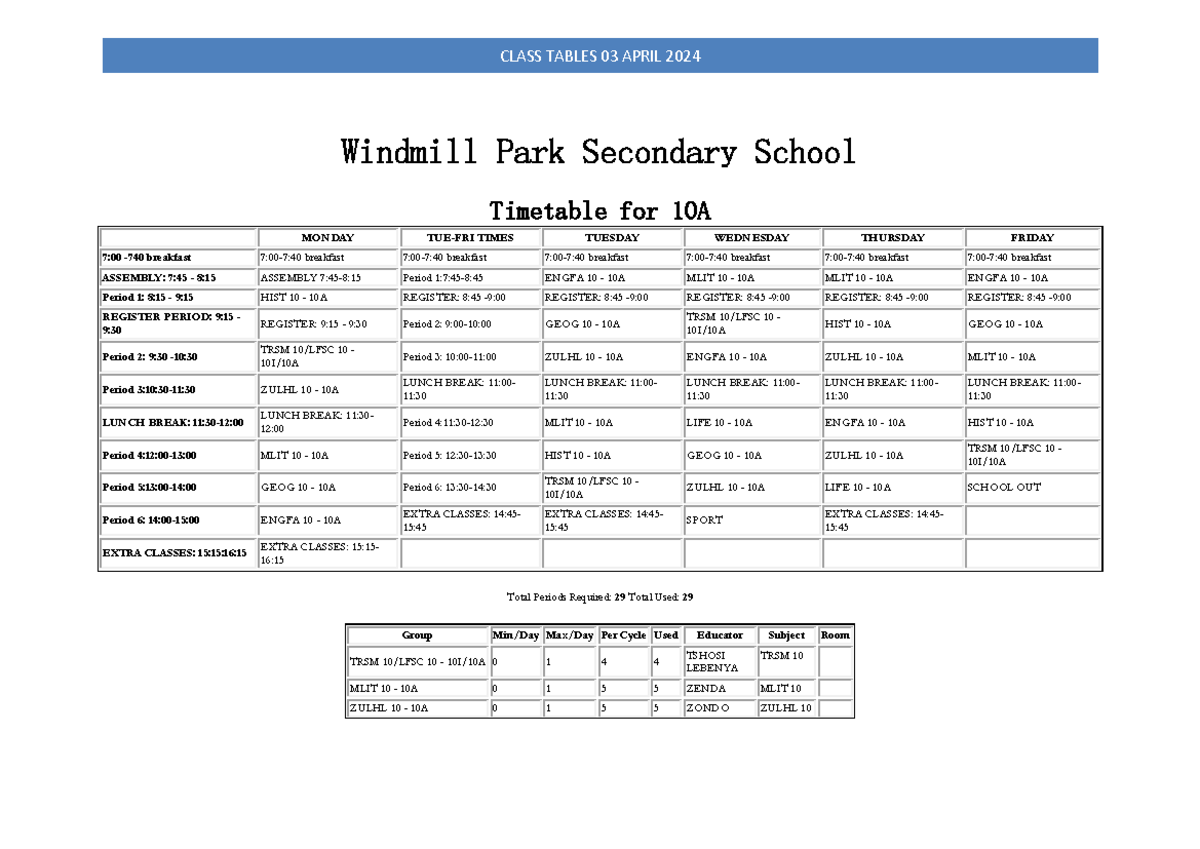 Class Tables 03 April 2024 - Windmill Park Secondary School Timetable ...
