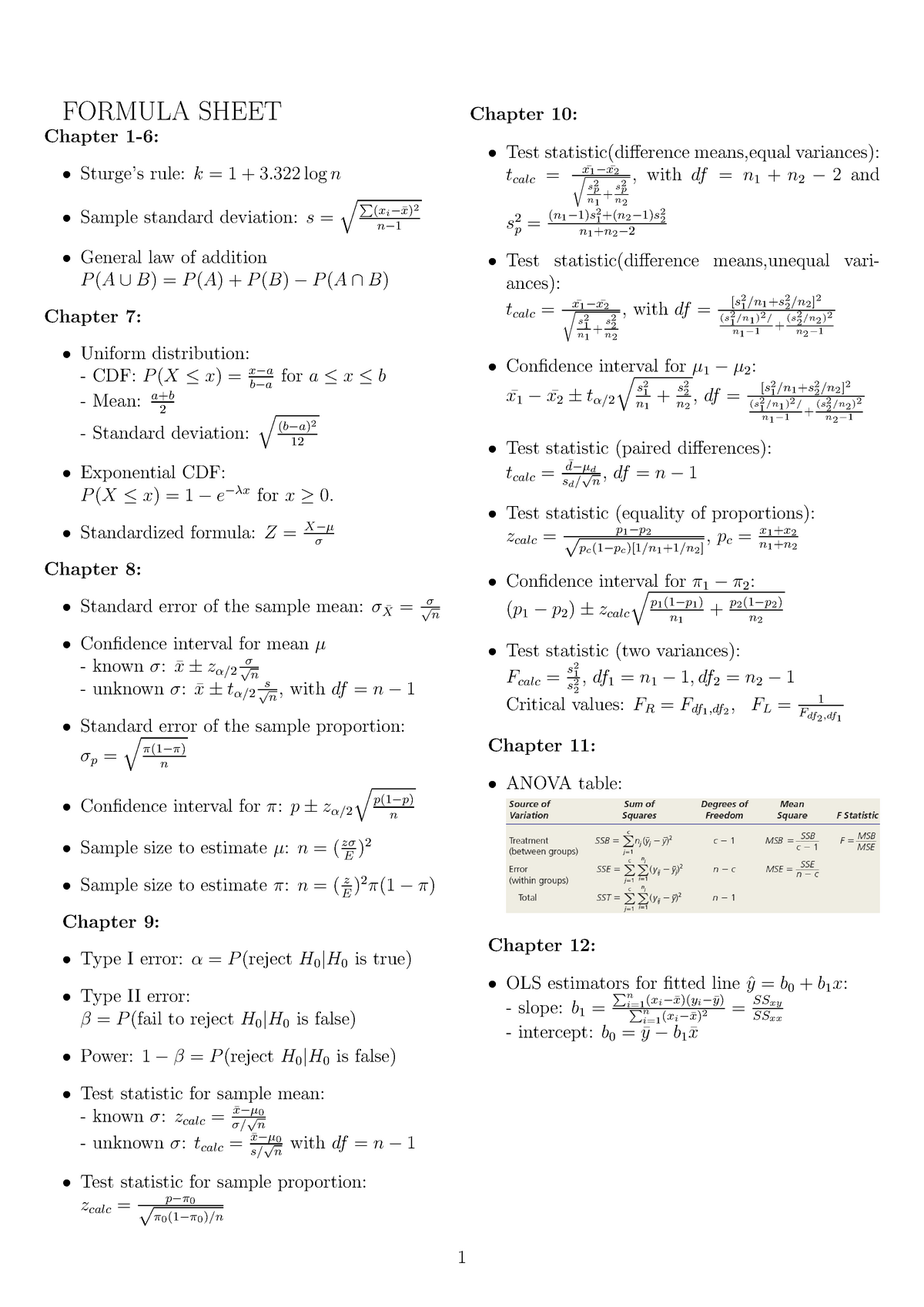 Formula for final exam - FORMULA SHEET Chapter 1-6: - Sturge’s rule:k ...