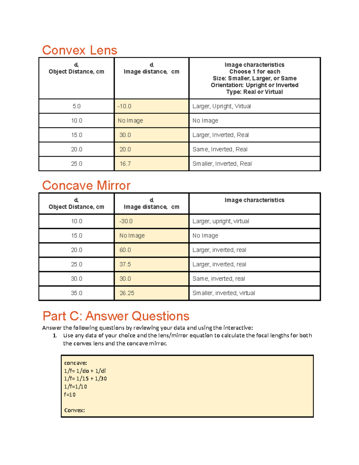 6.05 Lens and Mirror Lab - Convex Lens do Object Distance, cm di Image ...