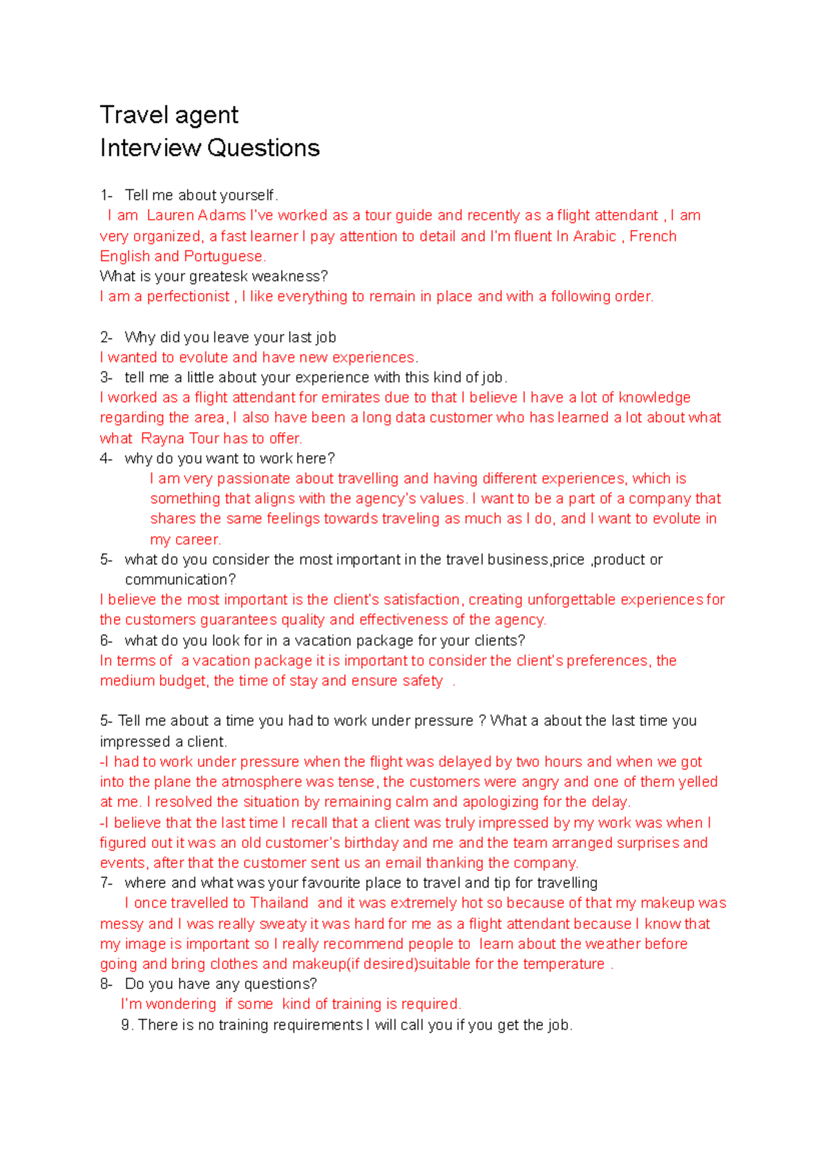 Business English - Travel agent Interview Questions 1- Tell me about ...