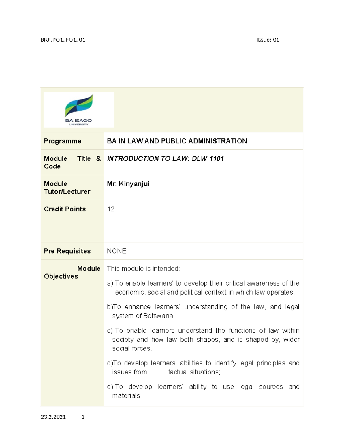 Introduction to law module profile - Programme BA IN LAW AND PUBLIC ...