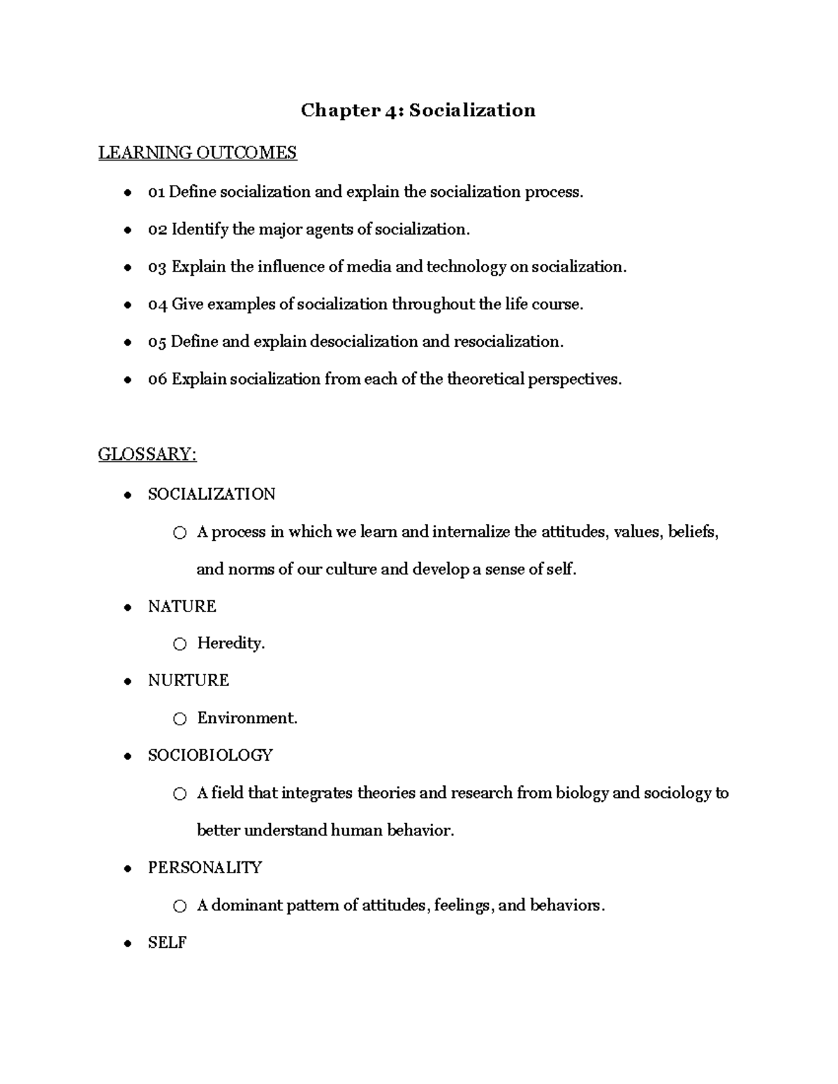 Chapter 4 Socialization - Chapter 4: Socialization LEARNING OUTCOMES 01 ...