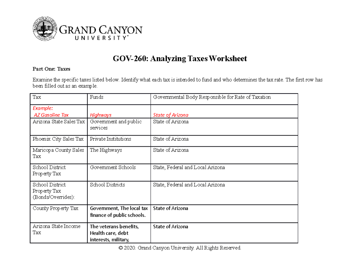 GOV260Analyzing Tax Worksheet GOV260 Analyzing Taxes Worksheet