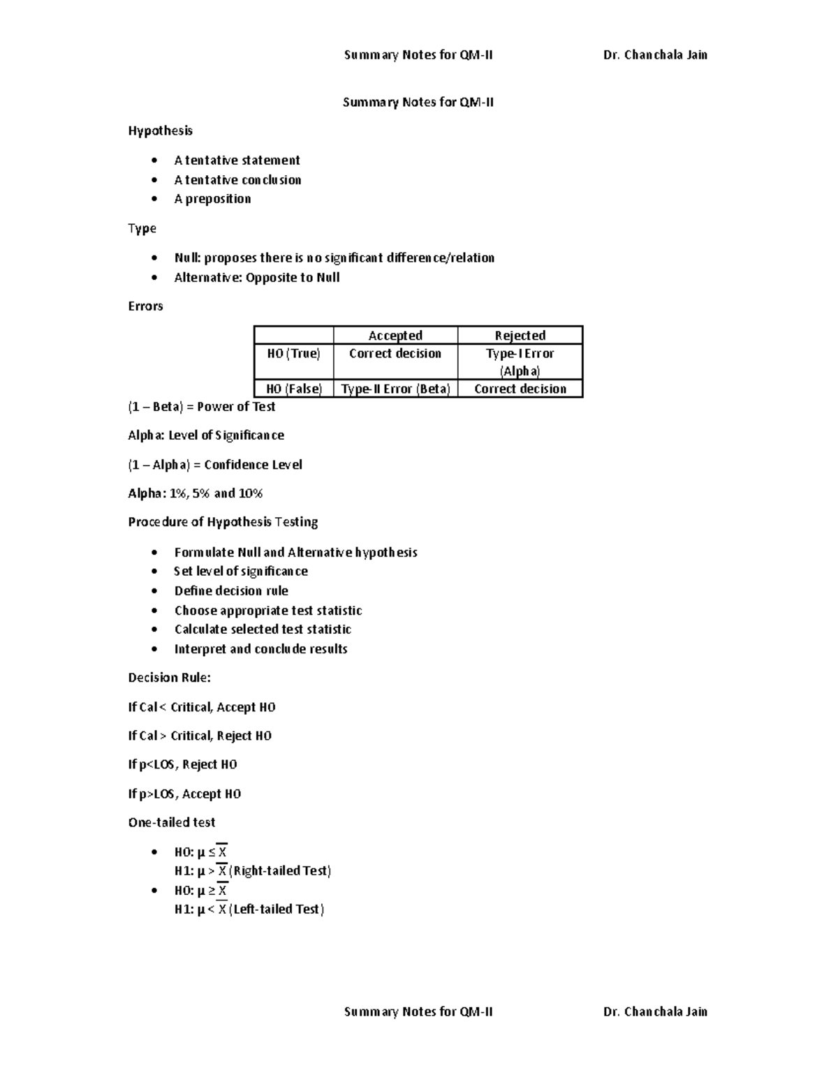 Quantitative Method-II - Summary Notes for QM-II Hypothesis A tentative ...