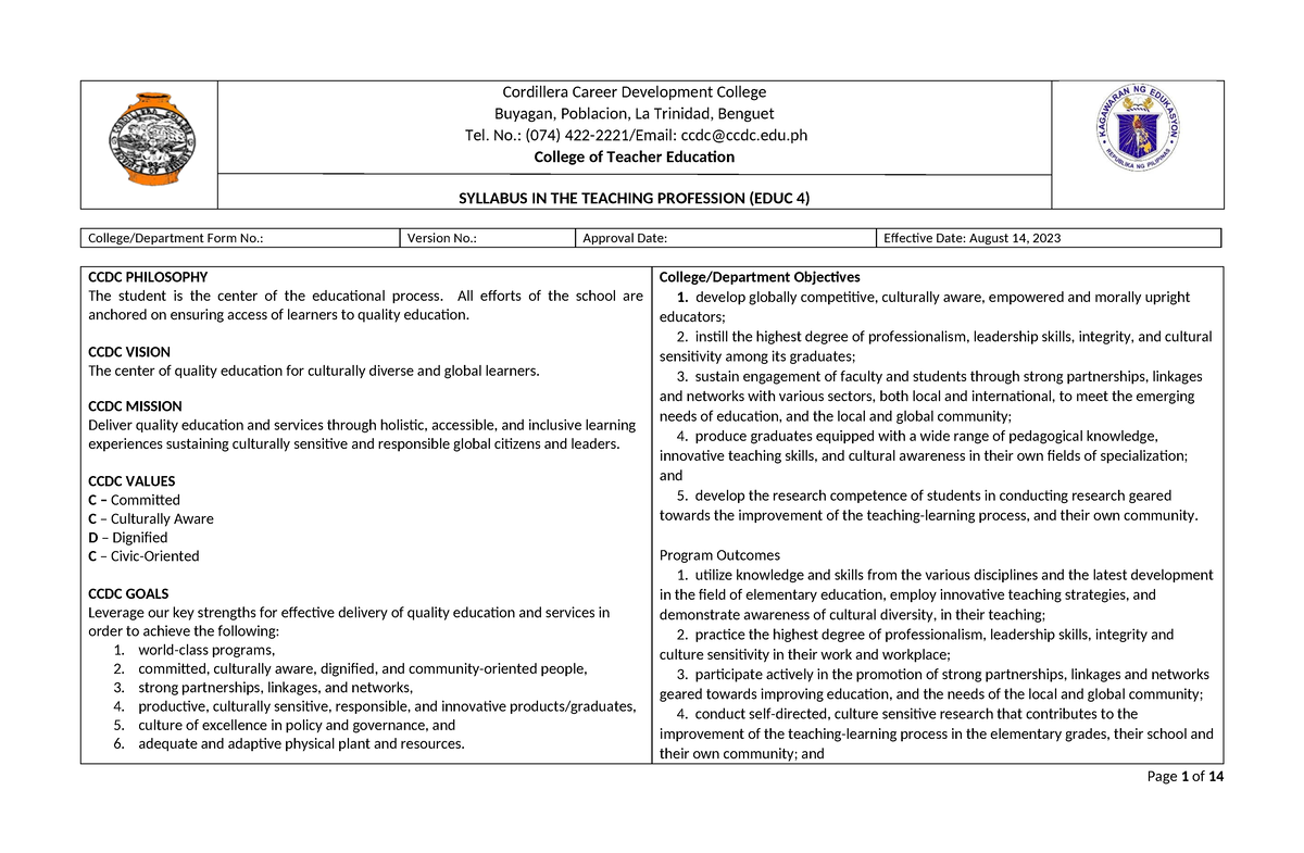 Teaching Profession Syllabus - Cordillera Career Development College ...