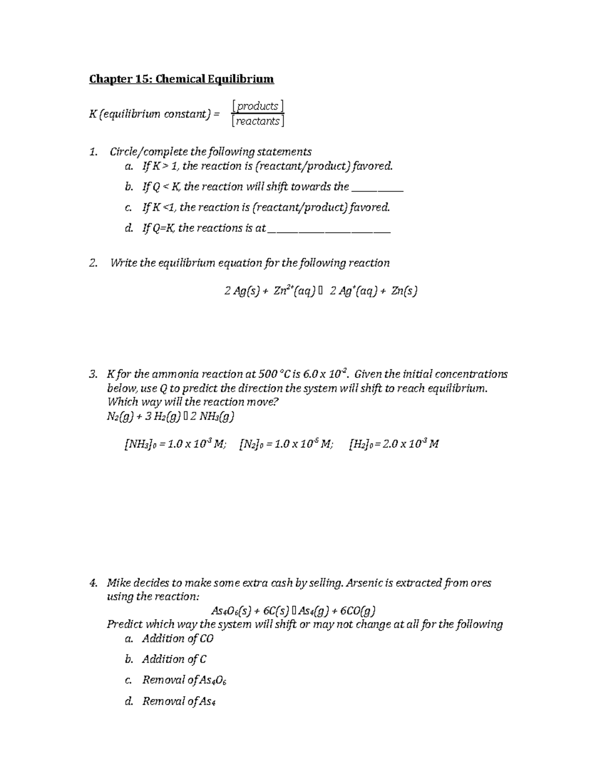 CH. 15 Chemical Equilibrium - Chapter 15: Chemical Equilibrium K ...