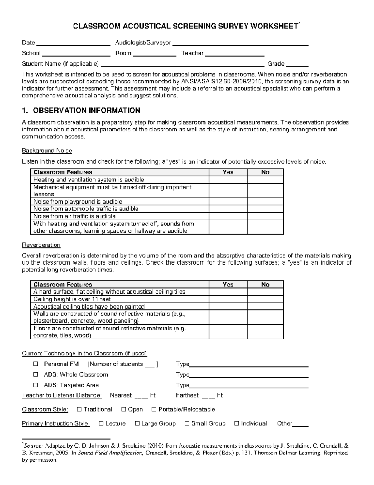 ERC - ANSI Classroom Acoustical Screening Survey Worksheet (PDF ...