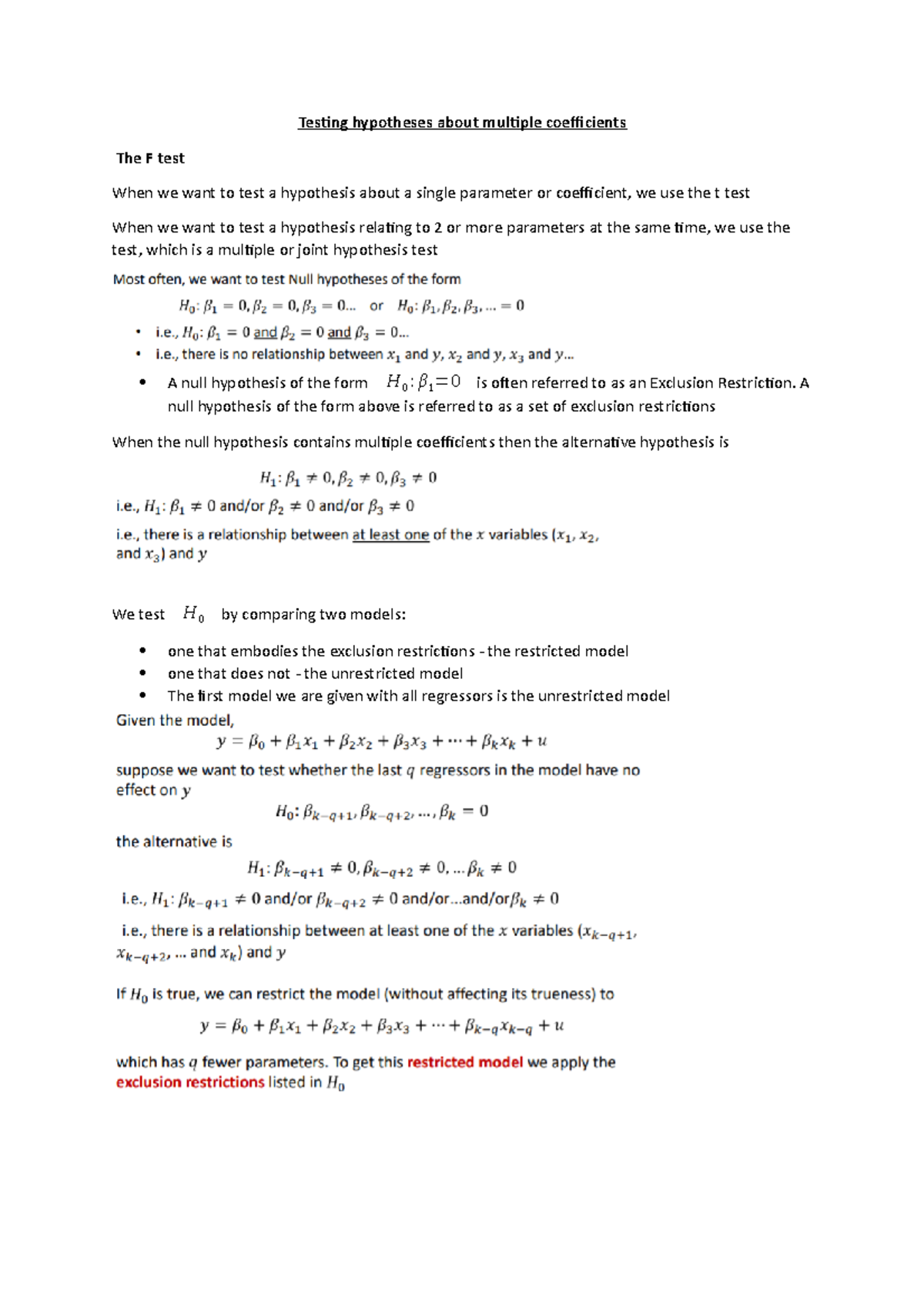 10. Testing hypotheses about multiple coefficients - A null hypothesis ...