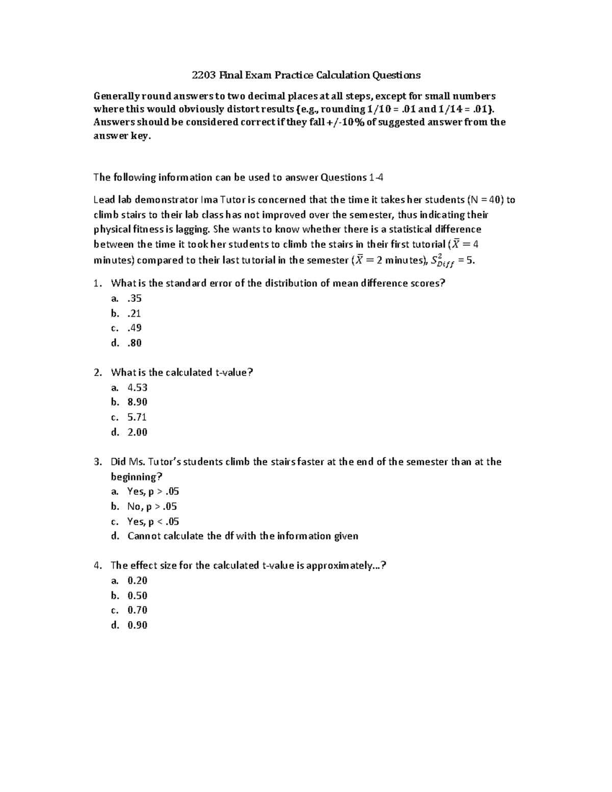 Practice Questions - 2203 Final Exam Practice Calculation Questions ...