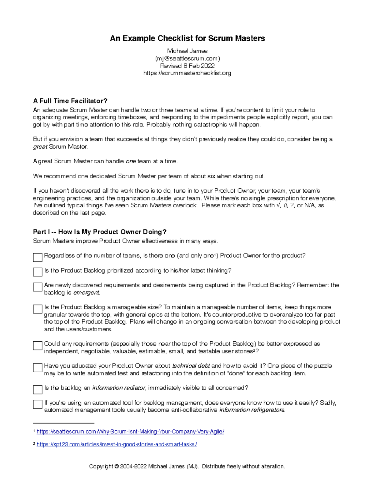 Scrum Master Checklist 2022 02 08 en An Example Checklist for Scrum Masters Michael James