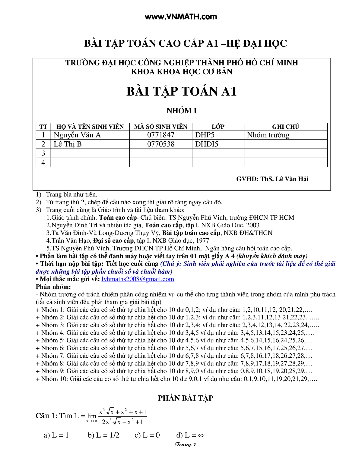 [ Vnmath.COM]-525 BAI TAP TOAN A1 - BÀI T P TOÁN CAO C P A1 –H Đ I H C ...