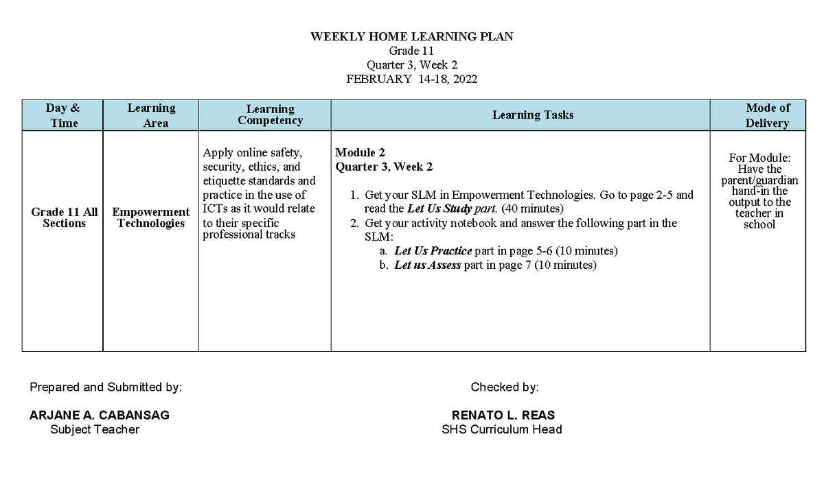 WEEK 2 - WHLP9 - WEEKLY HOME LEARNING PLAN Grade 11 Quarter 3, Week 2 ...