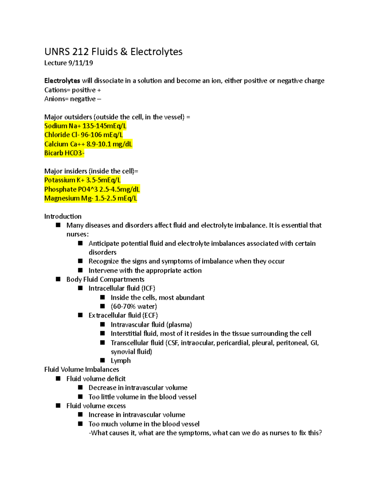 UNRS 212 Fluids and Electrolytes lecture - UNRS 212 Fluids ...