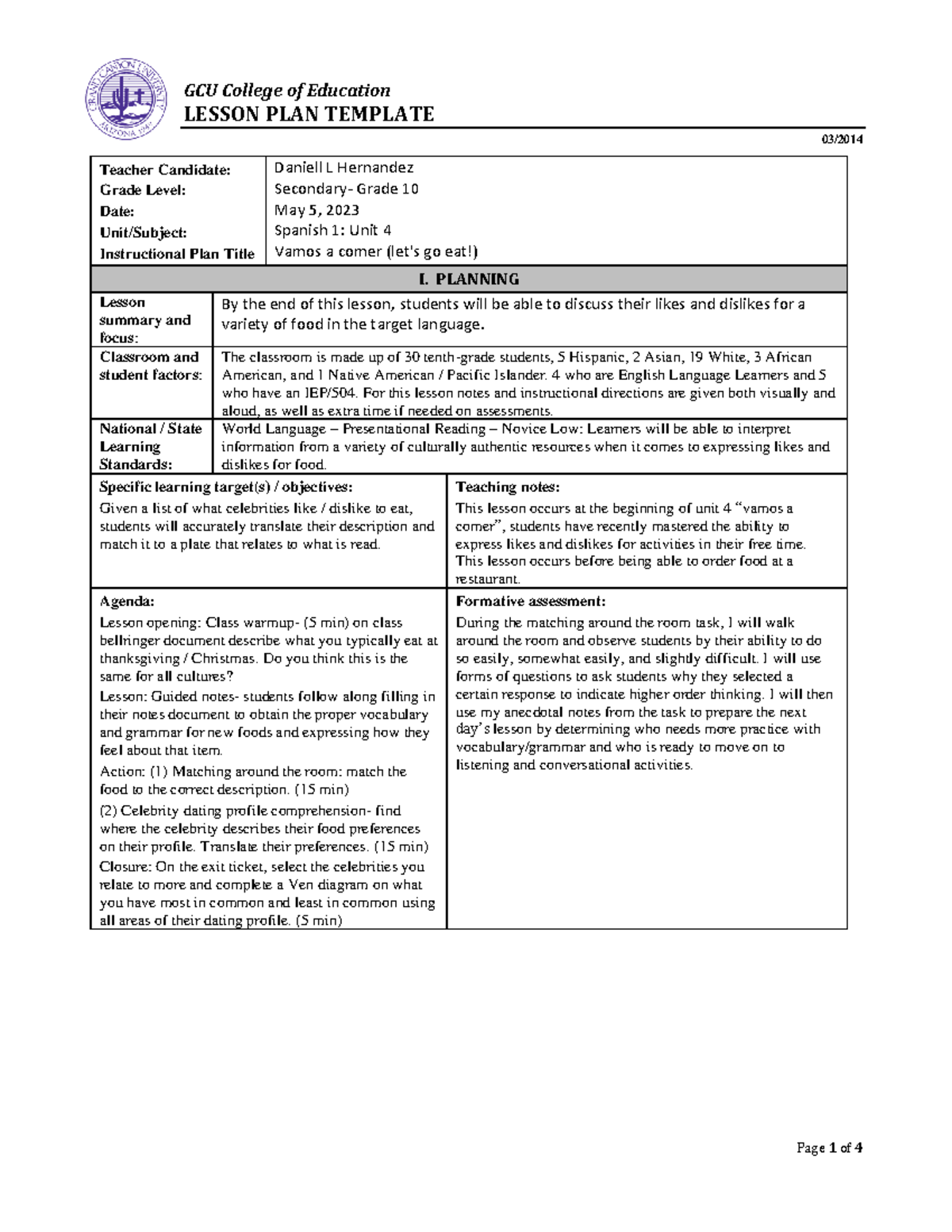 Lesson Plan Temp GCU College Of Education LESSON PLAN TEMPLATE 03
