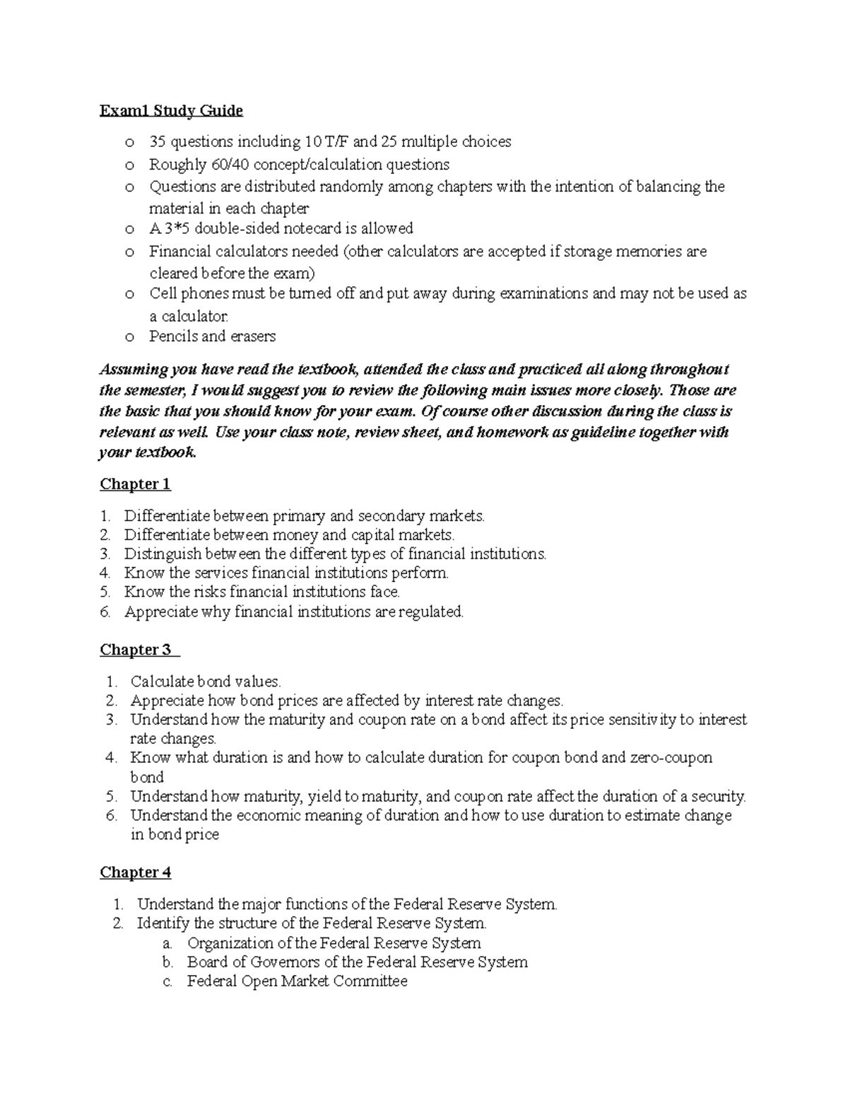 Exam1 study guide - Lecture notes 1-5 - Exam1 Study Guide o 35 ...