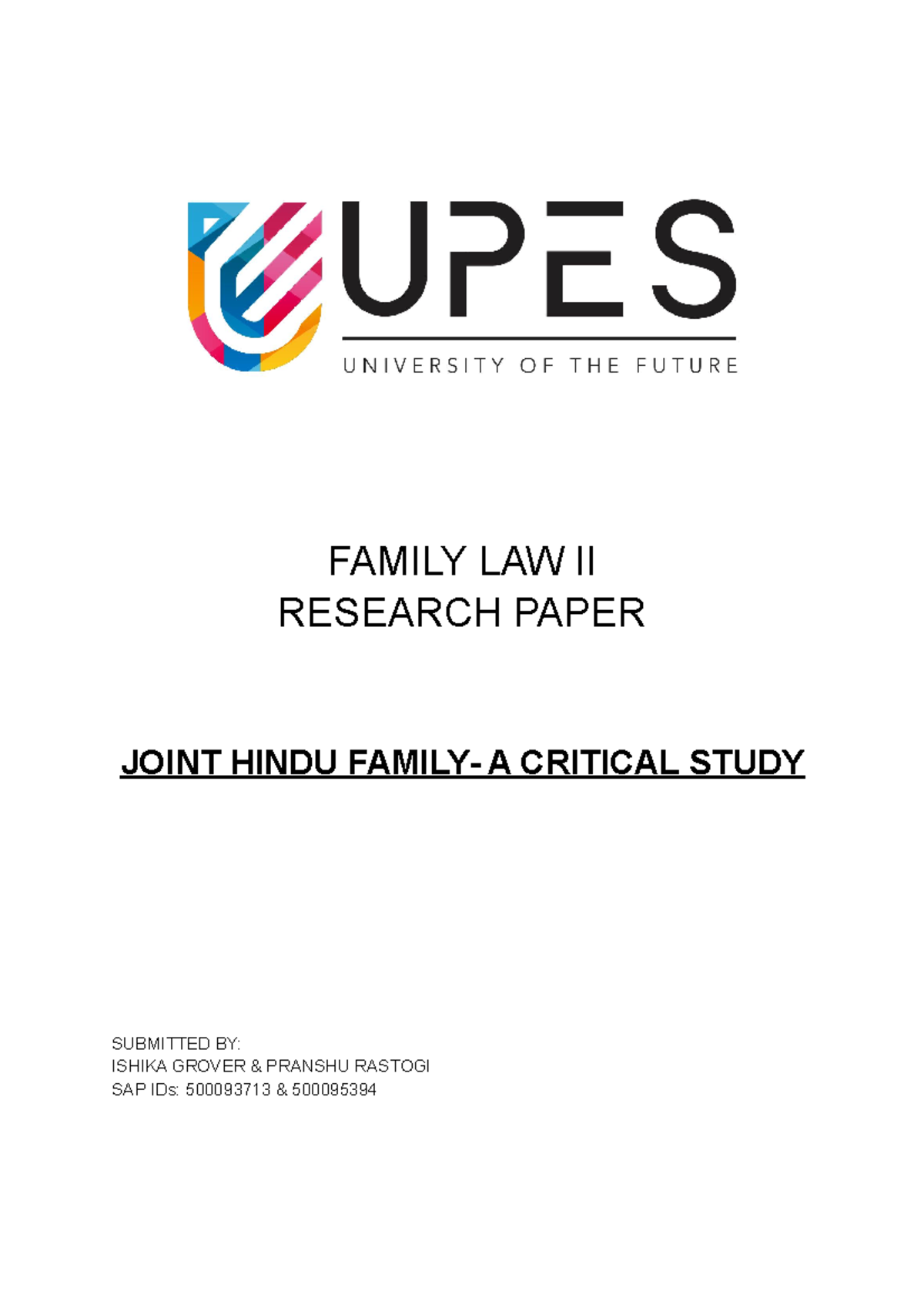 Family LAW II - FAMILY LAW II RESEARCH PAPER JOINT HINDU FAMILY- A ...