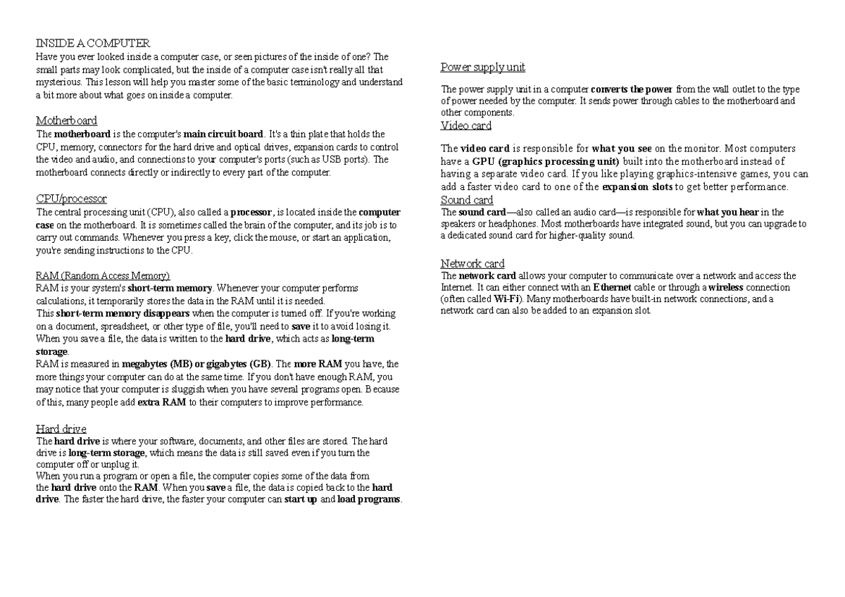 Inside A Computer - INSIDE A COMPUTER Have you ever looked inside a ...