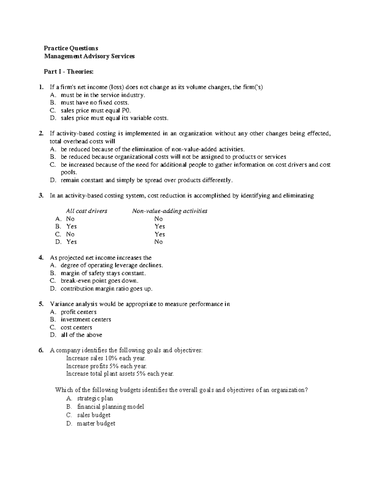 MAS Questions Quiz 1 - Practice Questions Management Advisory Services ...