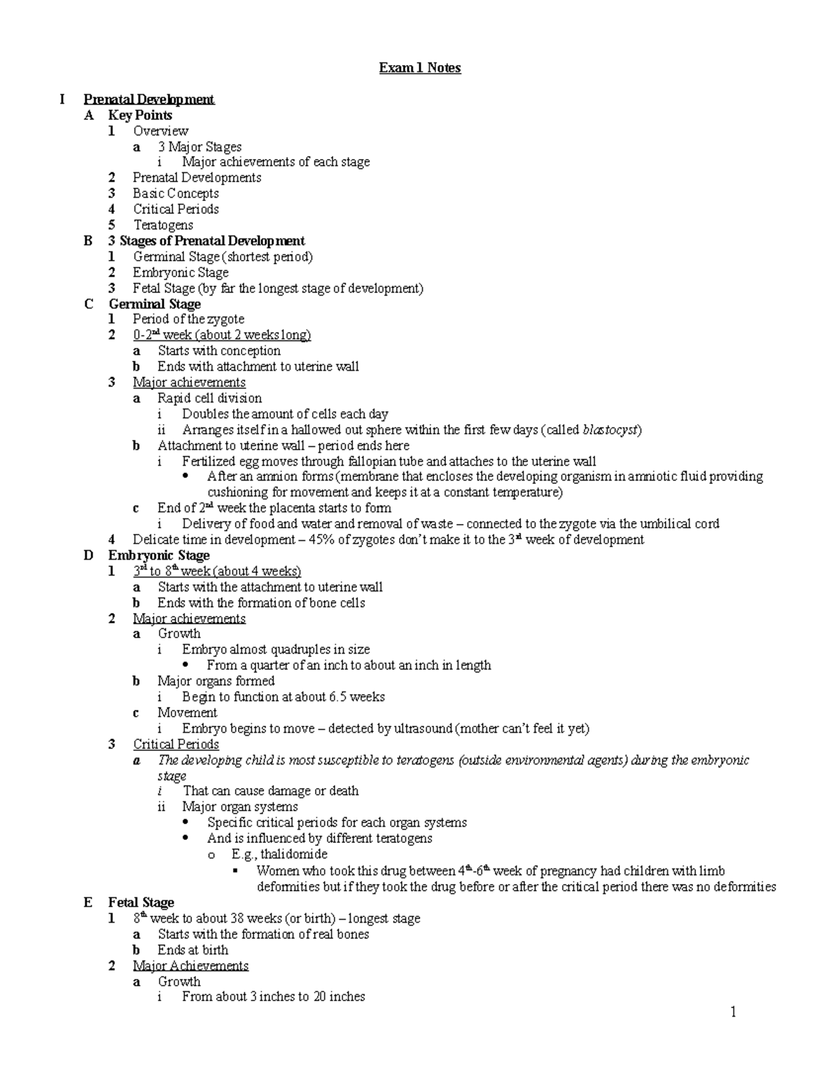 Exam 1 Notes - Exam 1 Notes I Prenatal Development A Key Points 1 ...