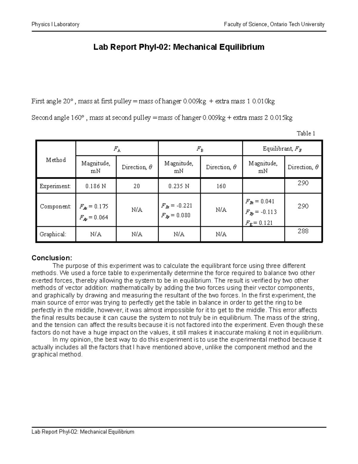 Lab 2 Mechanical Equilibrium Physics I Laboratory Faculty of Science