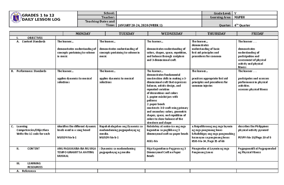 Grade 5 DLL Mapeh 5 Q4 Week 1 - GRADES 1 to 12 DAILY LESSON LOG School ...