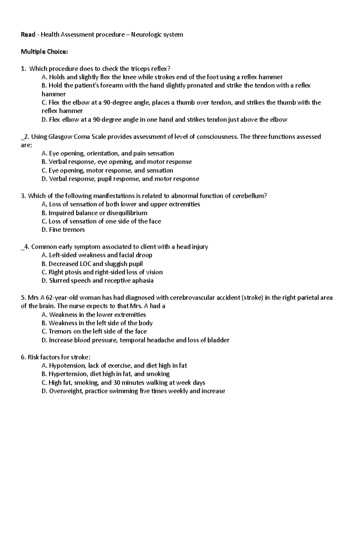 Neurologic System - Read - Health Assessment procedure – Neurologic ...