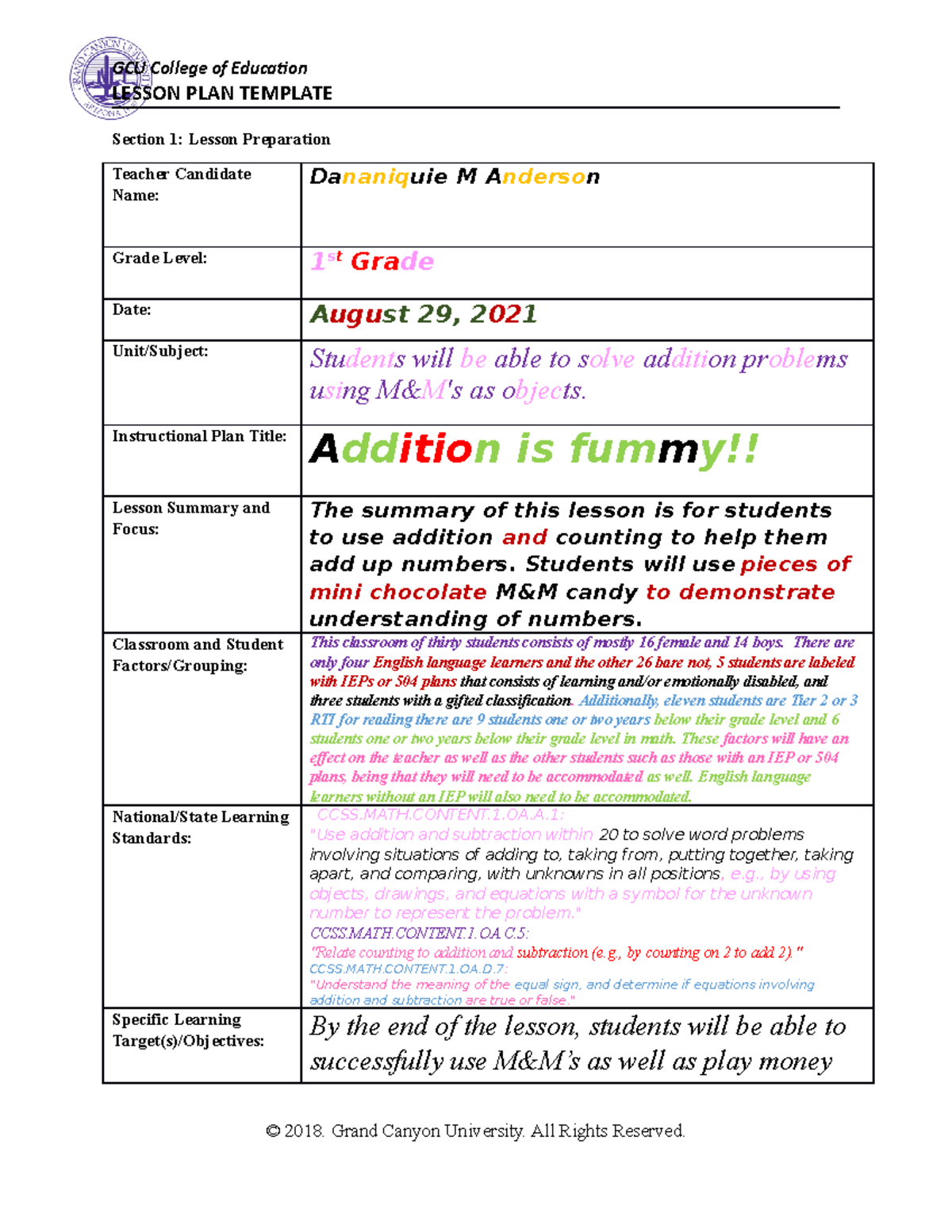 ELM-470 Lesson Planning- Promoting Mathematical Thinking - LESSON PLAN ...