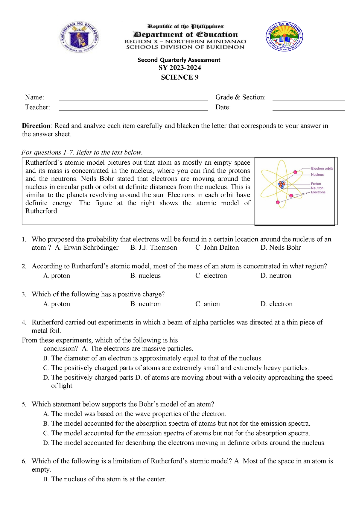 Science 9-Q2 Exam - Summative Test - SY 2023- SCIENCE 9 Name: - Studocu