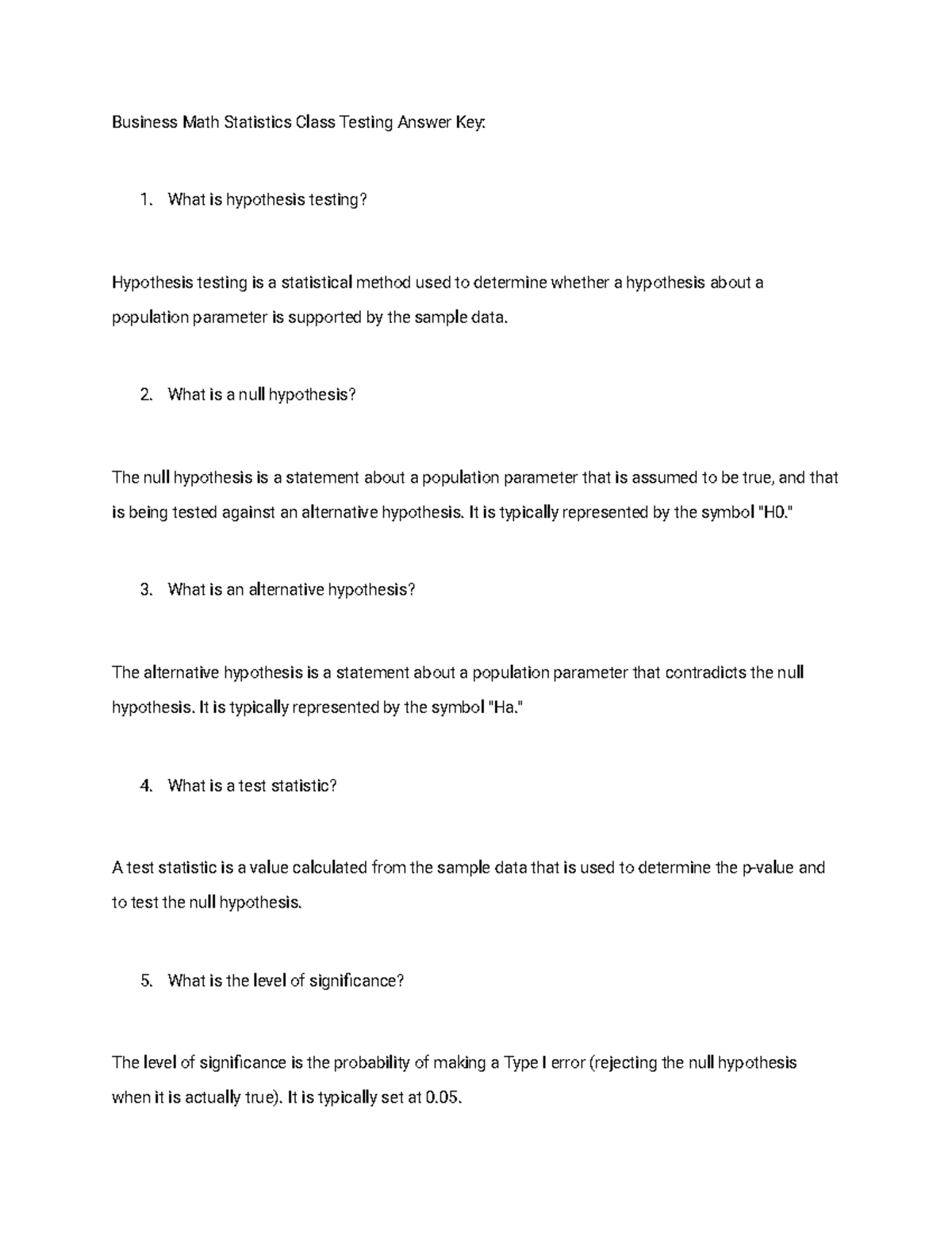 Business math statistics class testing answer key what is a null