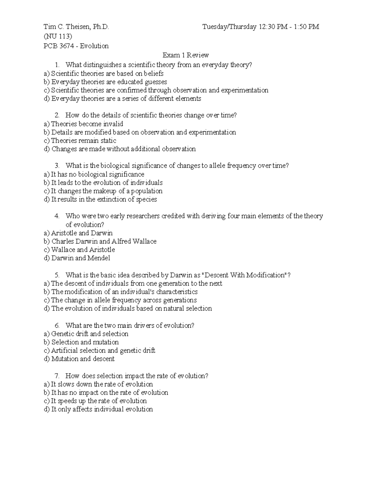 Evolution Exam 1 Review - Tim C. Theisen, Ph. Tuesday/Thursday 12:30 PM ...