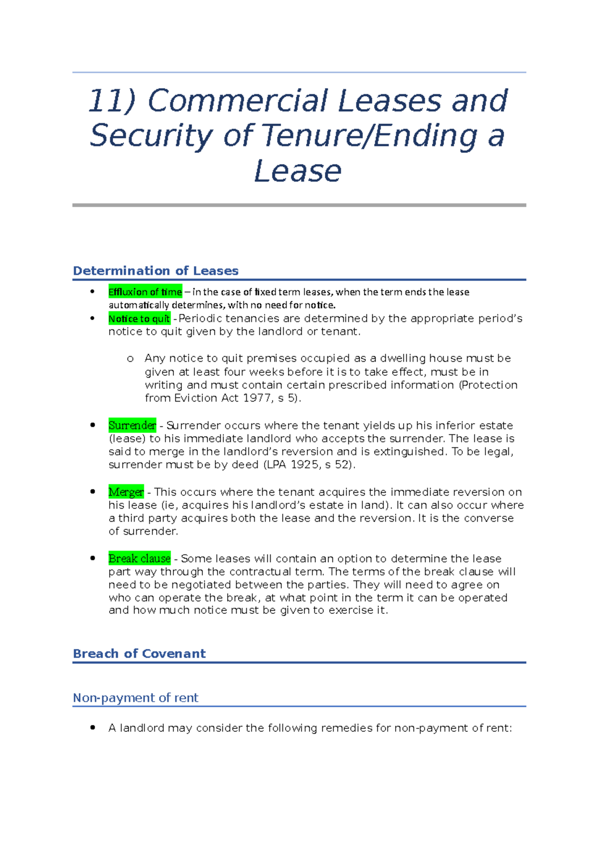 11) Commercial Leases and Security of Tenure - Notice to quit ...