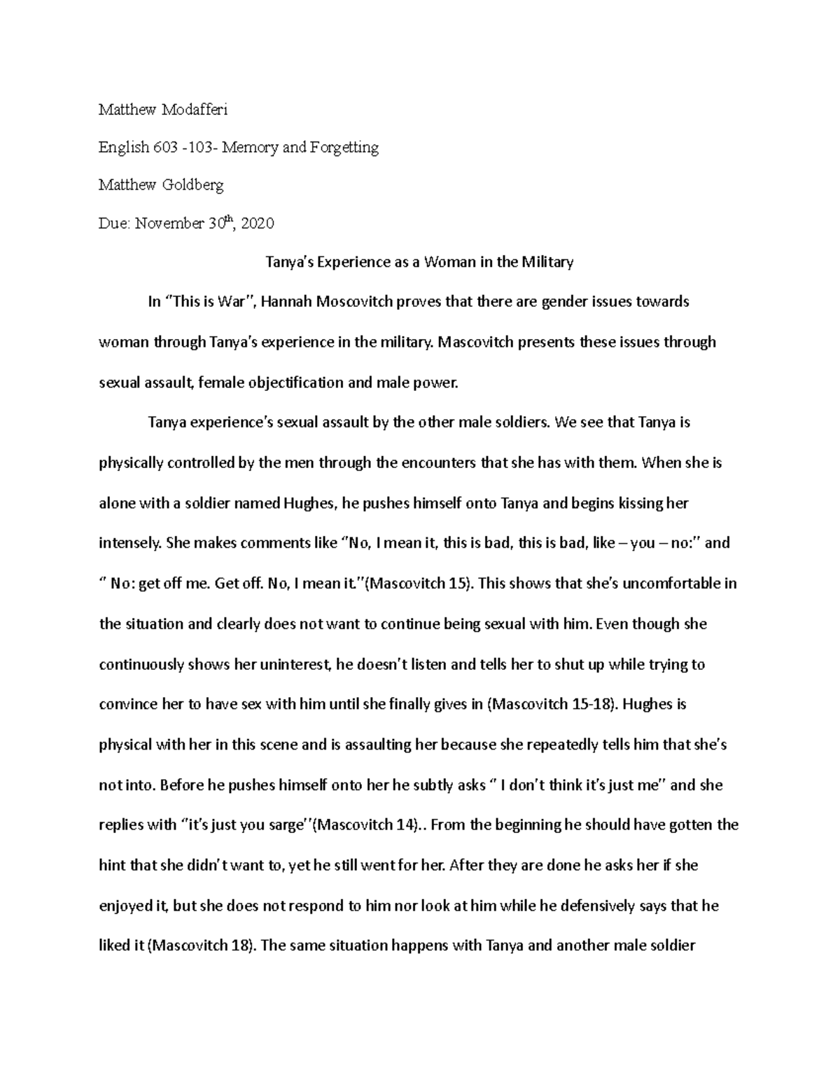 This is war essay - Matthew Modafferi English 603 -103- Memory and ...