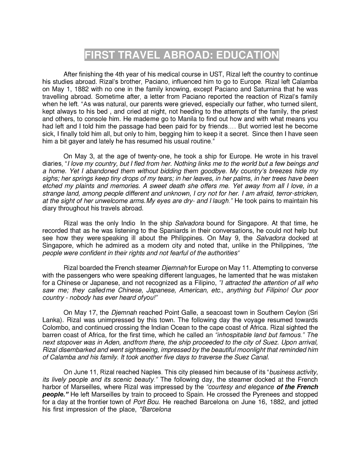 rizal first travel abroad essay