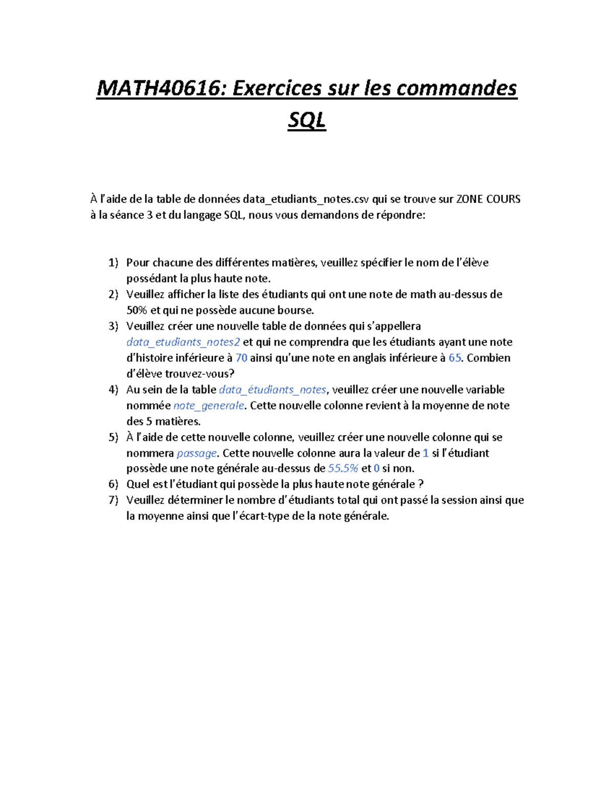 Exercices SQL - Intelligences D'affaires - MATH40616: Exercices Sur Les ...