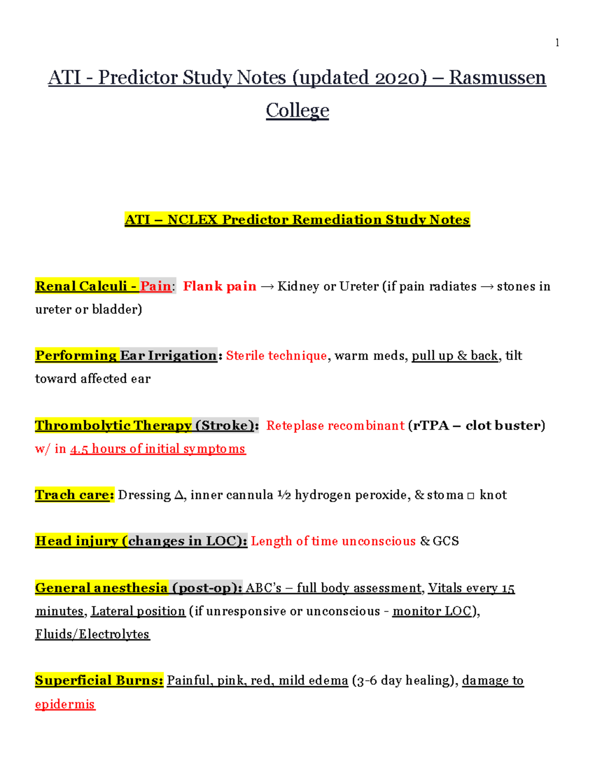 ATI Comprehensive 2023 ATI Predictor Study Notes (updated 2020