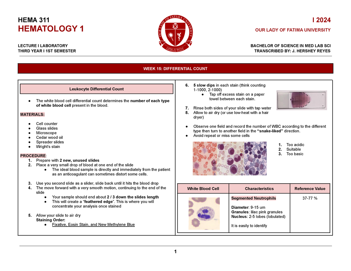 Lesson 15 Differential Count HEMA 311 I 2024 HEMATOLOGY 1 OUR LADY OF