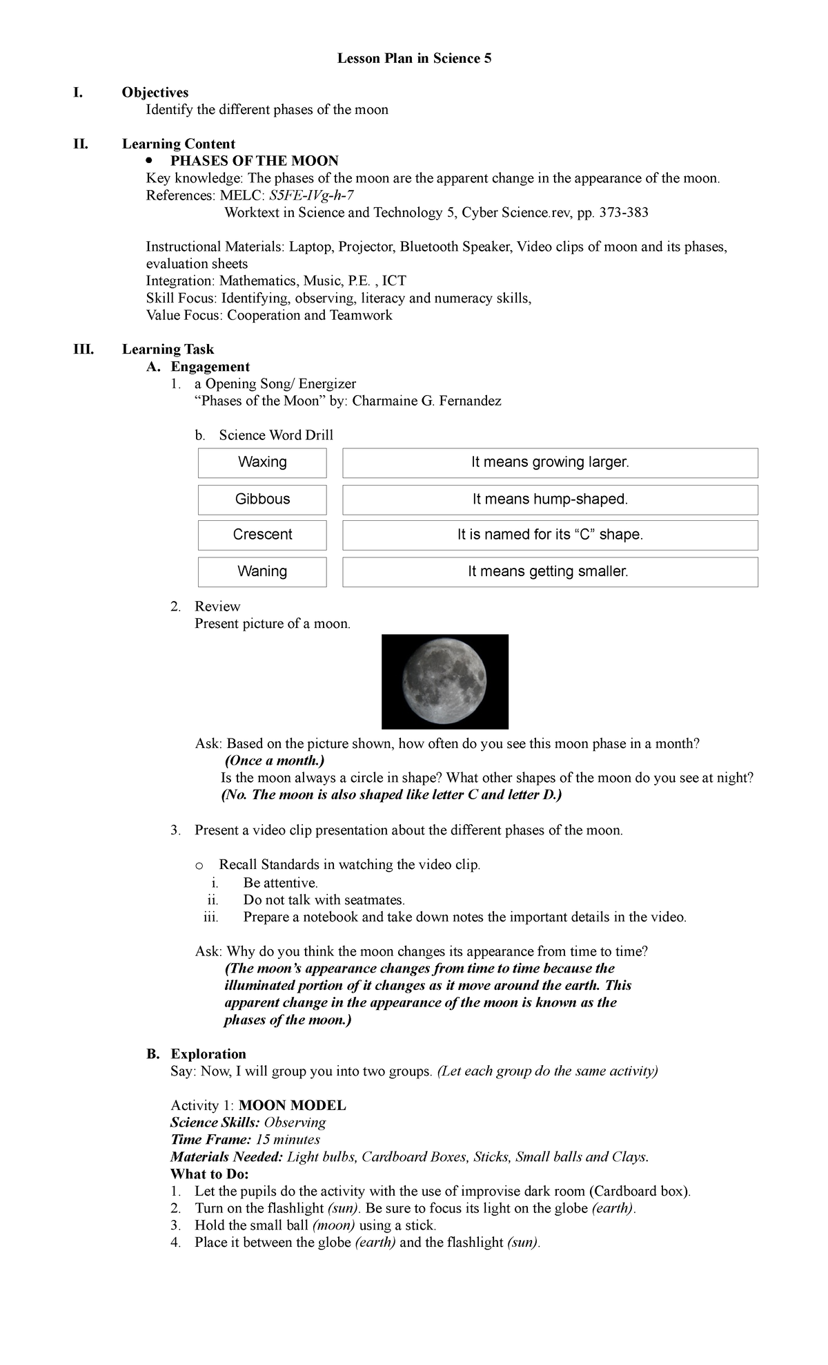 Lesson Plan In Science 5 - Objectives Identify The Different Phases Of 