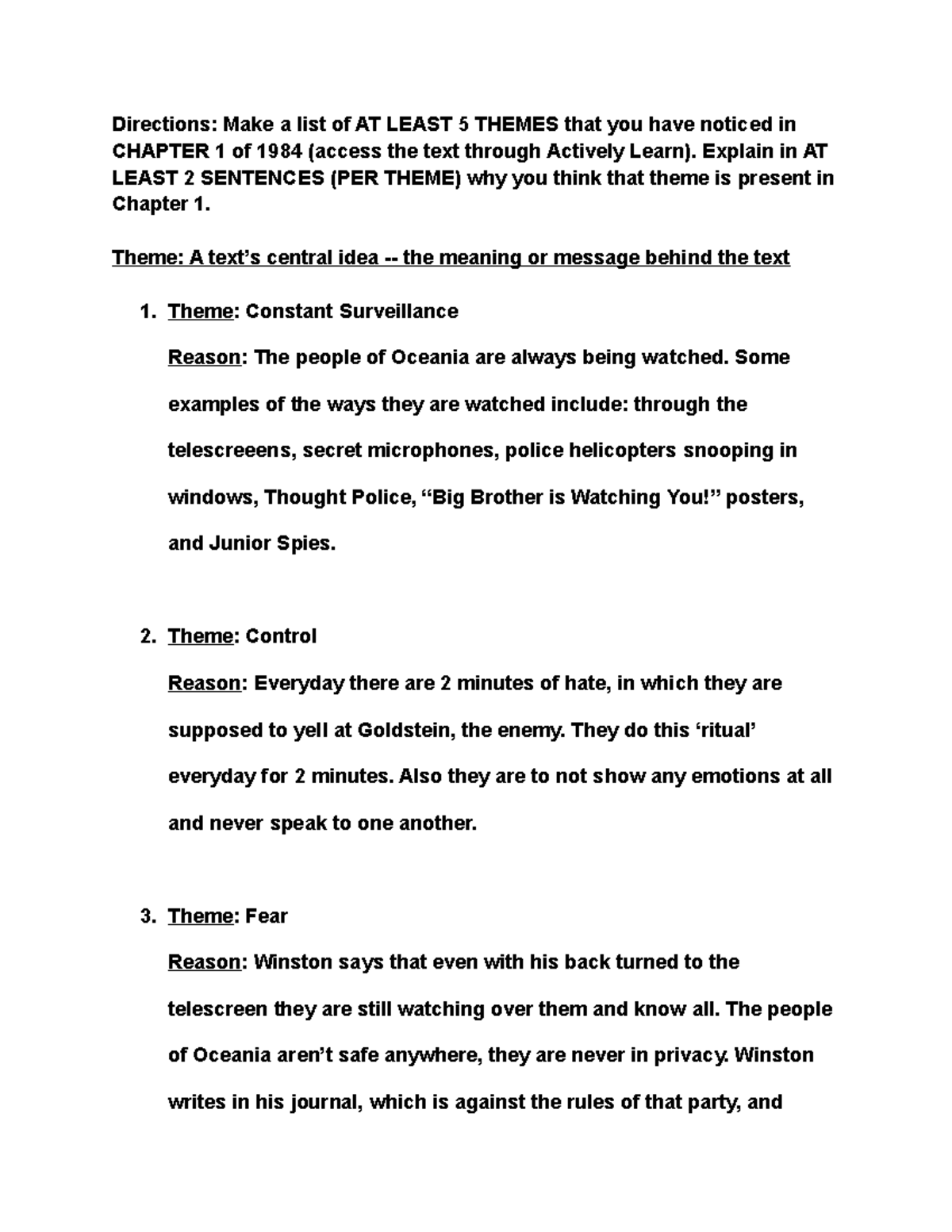 Copy of 1984 Themes in Chapter 1 - Directions: Make a list of AT LEAST ...
