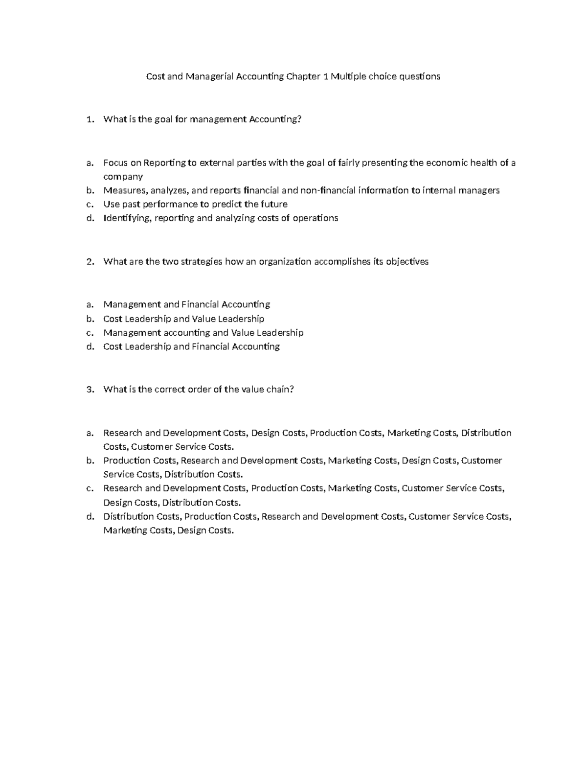 Cost and Managerial Accounting Chapter 1 Multiple choice questions ...