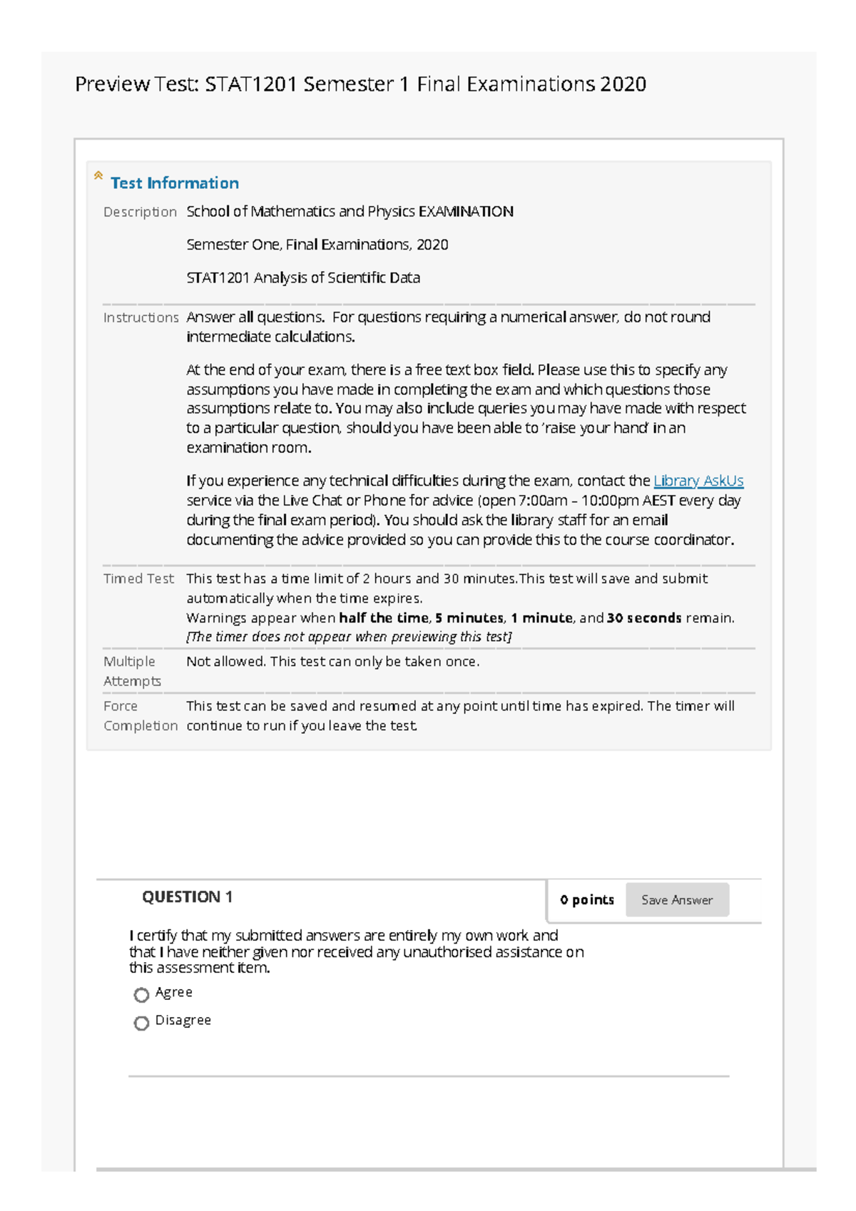 Semester One Final Examinations 2020 STAT1201 - Preview Test: STAT1201 ...