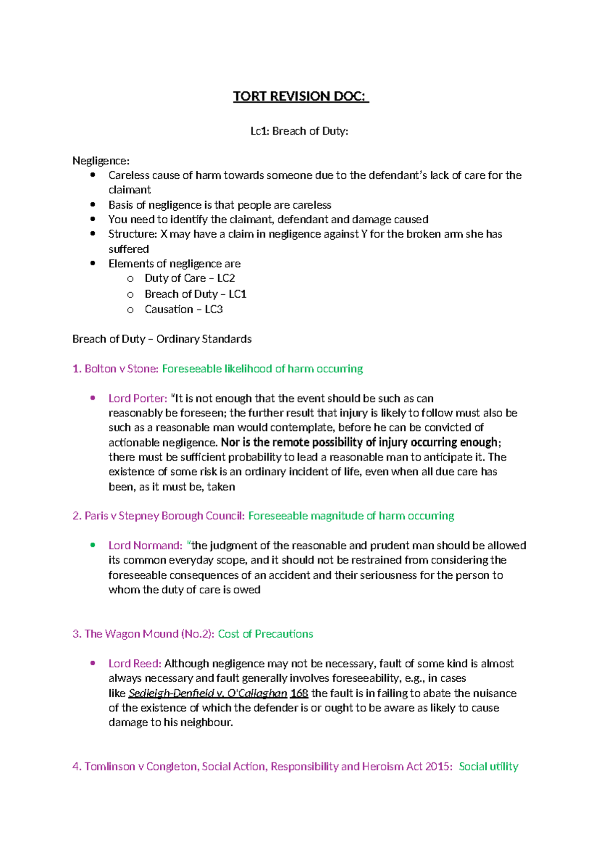 Tort revision bank - TORT REVISION DOC: Lc1: Breach of Duty: Negligence ...