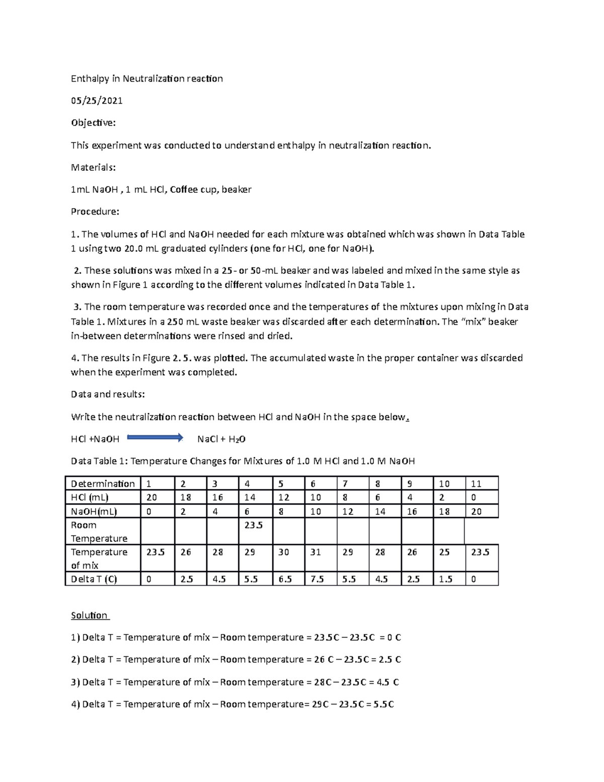 Chem lab 8 This experiment was conducted to understand enthalpy in a neutralization reaction