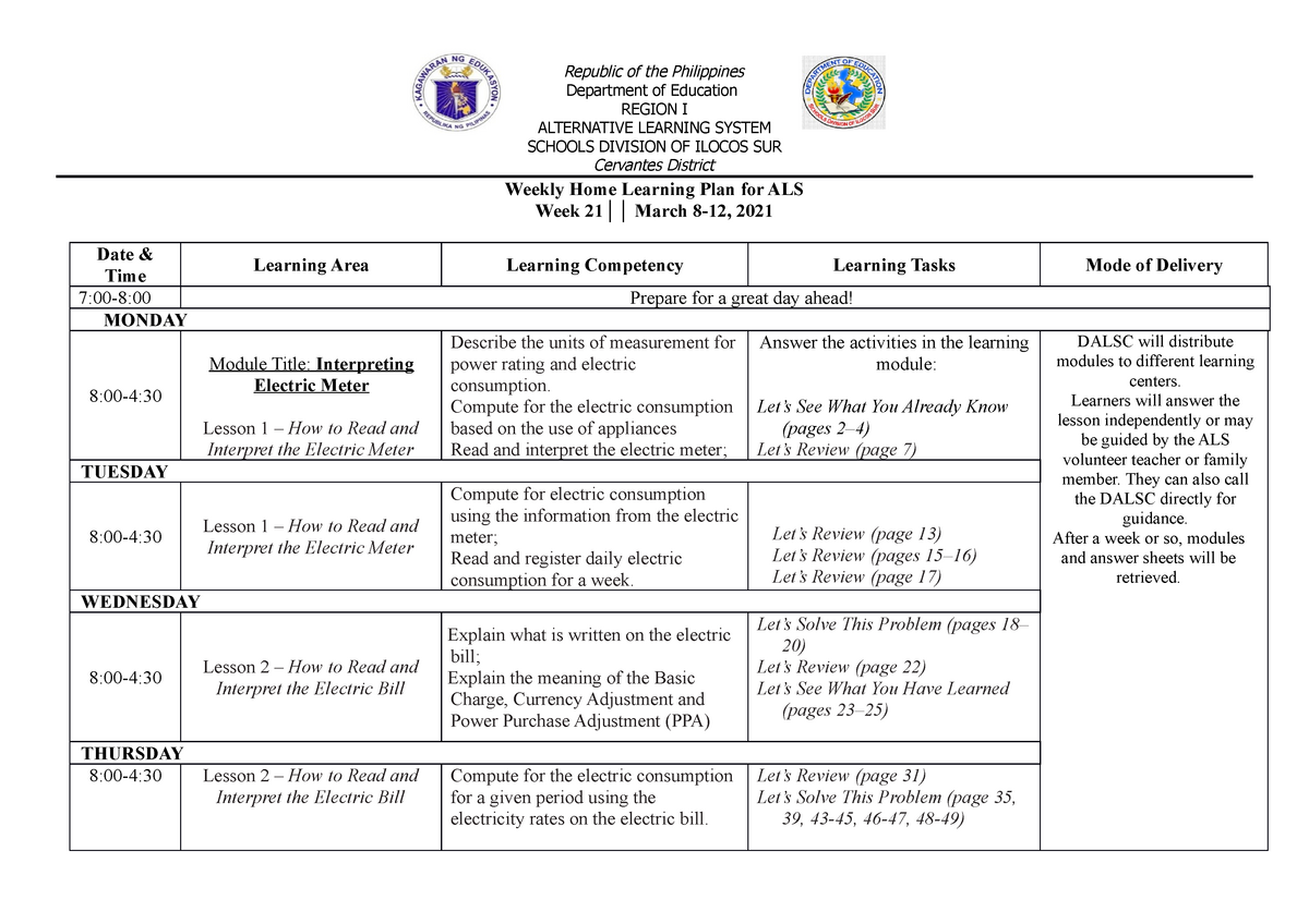 Weekly Home Learning Plan Sample For Teachers In ALS General 