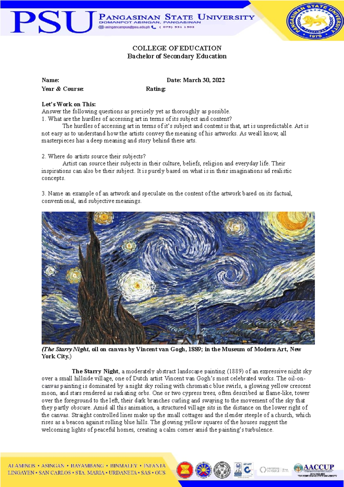 ART APP MOD2 ASSIGNMENT COLLEGE OF EDUCATION Bachelor of Secondary